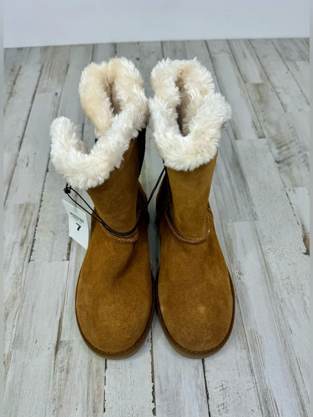 Mossimo Supply Co Brown Chestnut Suede Mid Calf Boots Cream Fur Women's 7 - Picture 2 of 6